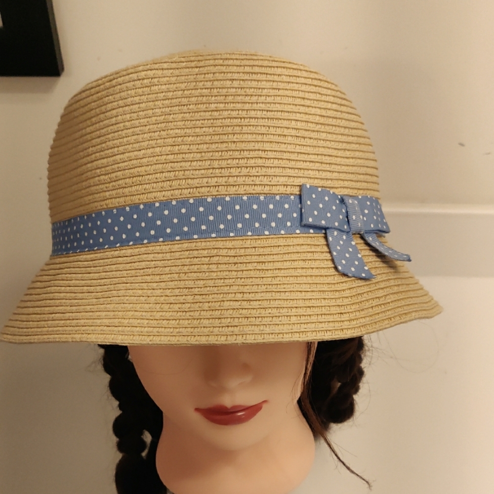 Gymboree Girl's Sun Hat Bucket Beige Stylish Tan Blue Polka Dot Ribbon Y2K Retro